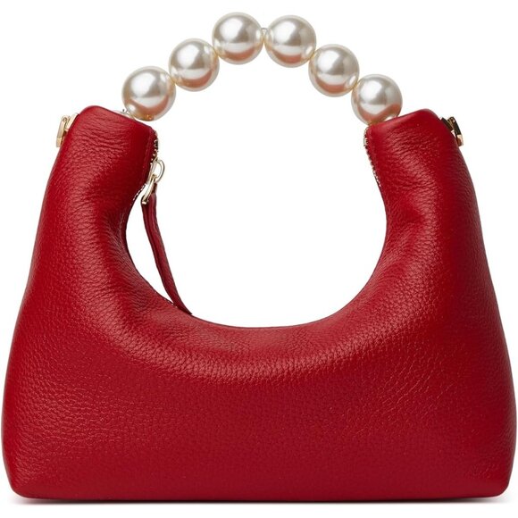 ⚡ Women's Top Handle Chain Pearl Strap Leather Crossbody Tote Red Bag - Picture 1 of 6